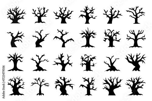 Collection of spooky bare trees silhouettes, perfect for halloween designs, eerie landscapes, and autumnal themes