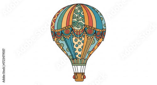 Detailed hot air balloon illustration with intricate patterns and vintage design for travel and adventure