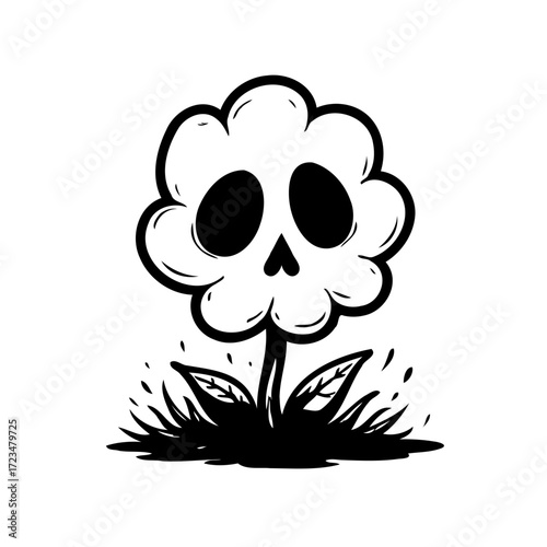 Fotografie Floral skull whimsical illustration: a monochrome drawing of morbid bloom with d