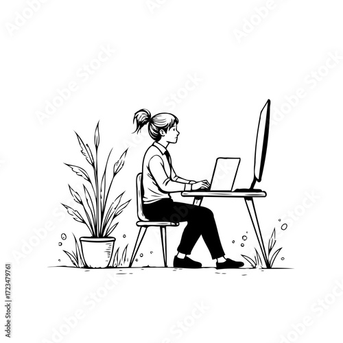 Focused woman working remotely from her home office computer surrounded by flourishing houseplants
