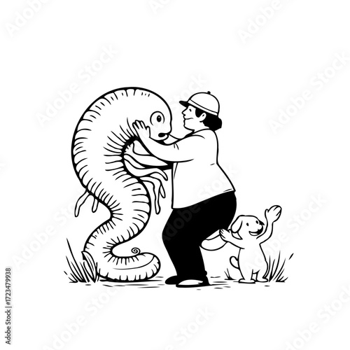 Gentle encounter between a friendly colossal worm a person and a happy dog creating a heartwarming