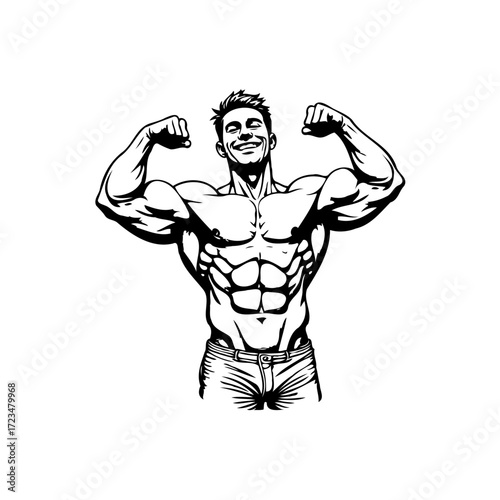Graphic illustration of a muscular man flexing biceps showcasing fitness and strength building