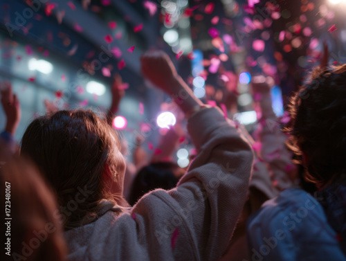 Una folla di persone a un concerto con coriandoli che cadono dall'alto, un concetto di gioia e celebrazione in un evento di massa
