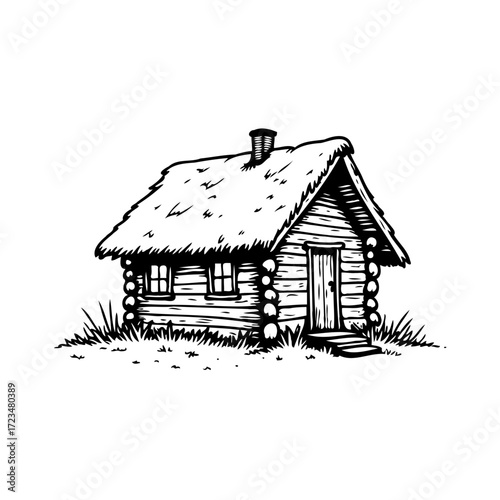 Hand drawn rustic cottage illustration with thatched roof offers cozy retreat in countryside