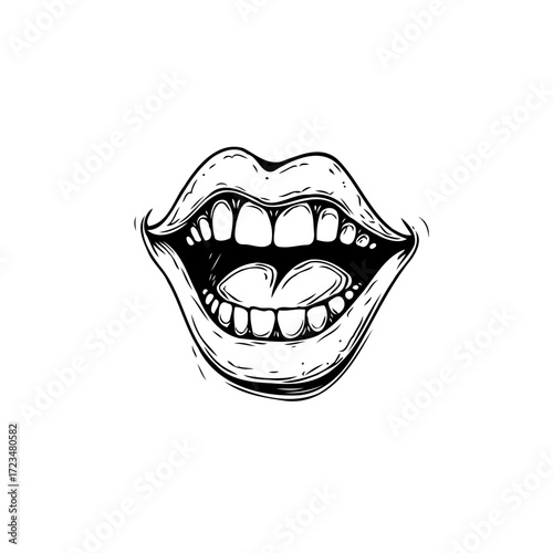 Hand-drawn expressive open mouth sketch showcasing teeth tongue in monochrome design graphic