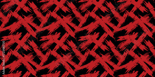 Vector seamless pattern with grunge sport brush strokes. Abstract geometric texture with bold cross hatching, X shapes, dynamic lines. Red and black design for athletic print, textile, sportswear