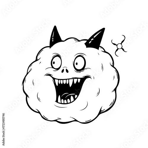 Humorous horned cloud creature illustration smiling widely showcasing teeth in a cartoonish style