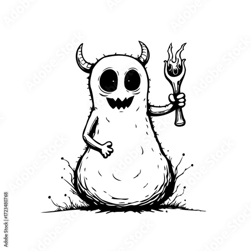 Humorous horned creature with fiery fork illustration showcasing unique cartoon character design