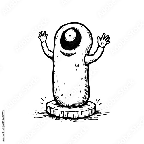 Humorous monochrome illustration of a whimsical one-eyed character waving joyfully on a small