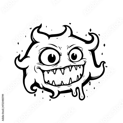 Humorous stylized monster character illustration in black and white offering whimsical visual for