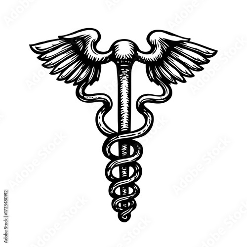Iconic caduceus symbol depicting healing power associated with medicine and healthcare isolated