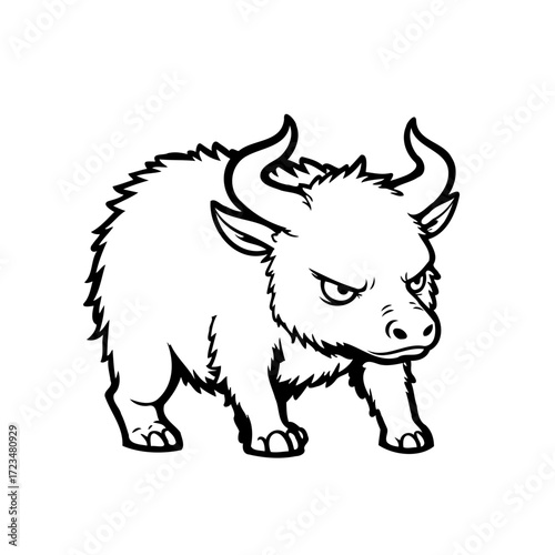Illustration of a fierce bull sketch in black and white standing tall prepared to charge showing