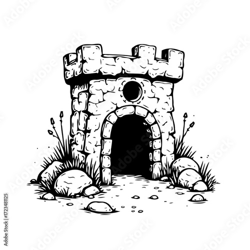 Illustration of a small stone tower with arched entrance nestled amid rocks and foliage creating a