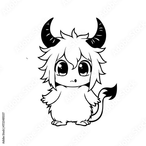 Illustrative depiction of a horned cartoon creature with a tail in monochrome shading conveying