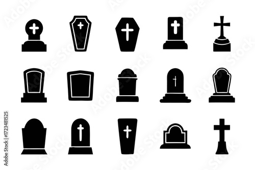 Collection of tombstone icons featuring various shapes and cross designs, symbolizing remembrance and mourning in a simple style