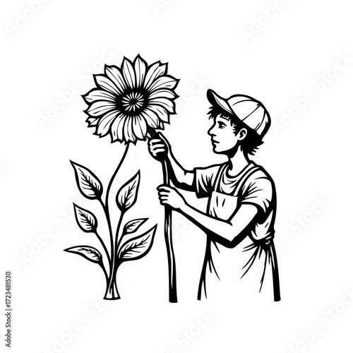 Illustrative gardening scene: Young farmer tending to a large sunflower with care and precision