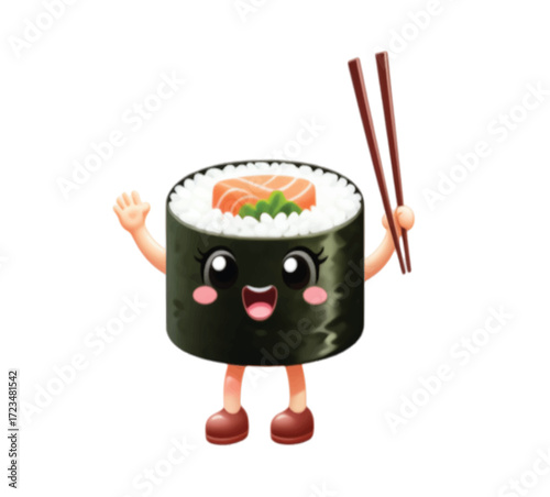 Adorable sushi roll character waving hello and holding chopsticks, perfect for kids' menus, food blogs, and cute culinary designs