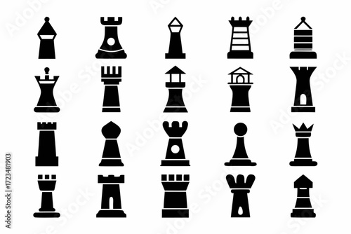 Collection of various castle towers and rook chess pieces black silhouette illustration of architecture