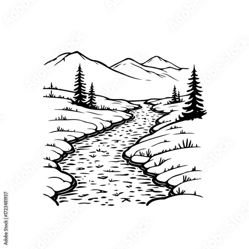 Ink drawing showcases a winding stream navigating serene mountain landscapes with detailed