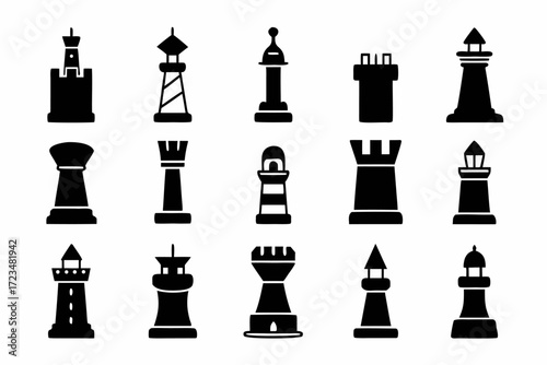 Collection of lighthouse icons, showcasing various designs and styles for navigation, guidance, and maritime themes in format