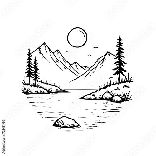 Ink drawing showcases a tranquil mountain lake scene bathed in sunlight and graced with nature's