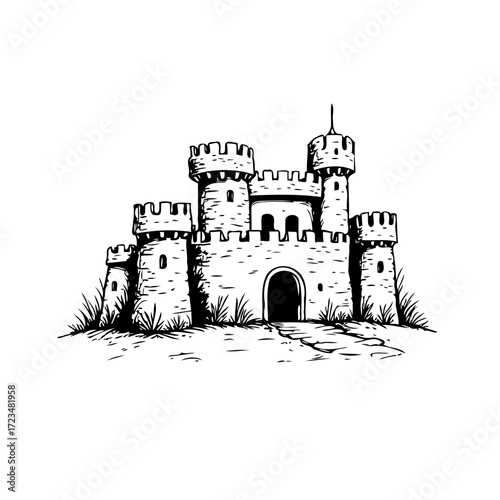 Ink drawing of majestic stronghold with turrets and arched entrance represents medieval