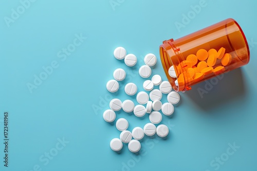 An amber pill bottle spills white tablets onto a light blue background. The scene is shot from a high angle, offering a clear view of the pills and the bottle