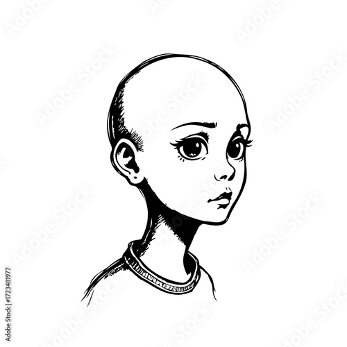 Ink illustration of a pensive young person with smooth head displaying vulnerability artistic