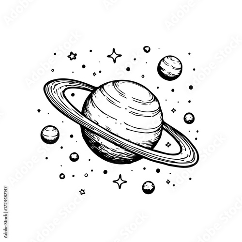 Intricate celestial illustration displaying a ringed planet with stars and celestial orbs in a