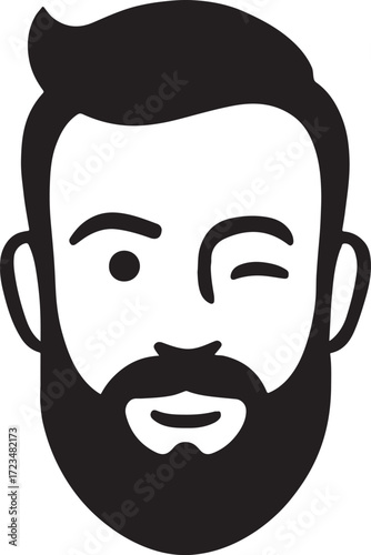 Stylized black and white icon of a winking man with a beard.