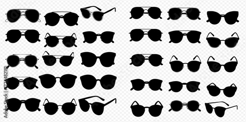 Collection of various sunglasses silhouettes, showcasing different styles and shapes on a transparent background.
