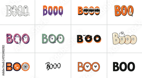 Spooky 'Boo' text designs for Halloween, featuring ghostly greetings, fun lettering, and creative word art perfect for party invitations, decorations, and festive designs