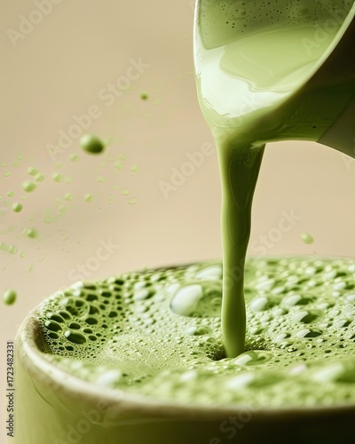 Close-up of vibrant green liquid pouring into a cup, creating frothy bubbles and airborne droplets against a muted background