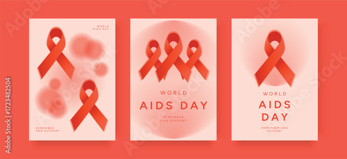 Set of World AIDS Day posters with Red Ribbon symbols. December 1 awareness campaign. HIV AIDS prevention and support concept. Vector illustration for poster, banner, flyer, card, cover