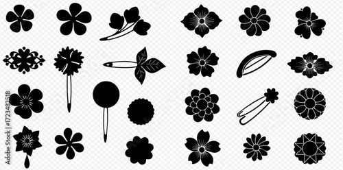 Collection of various stylized flower and plant silhouettes, including hairpins with floral accents, arranged on a transparent background.