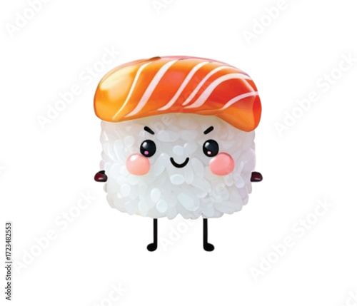 Adorable sushi character with salmon topping and rosy cheeks, perfect for playful branding or whimsical food illustration projects, adding a touch of kawaii charm