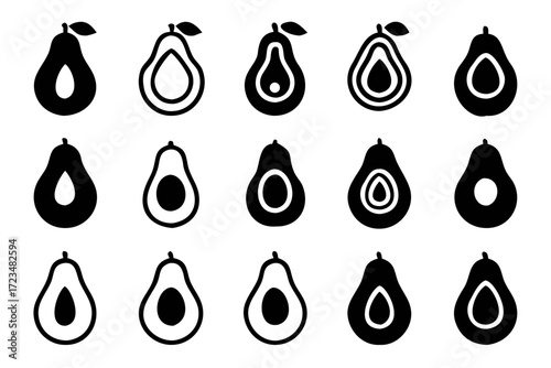 Collection of fifteen avocado icons in various styles a versatile set for designs related to food, health, and nature