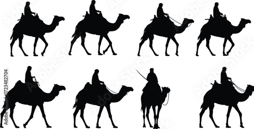 Camel rider silhouettes, desert transportation illustration, traditional travel artwork, cultural heritage design, Middle Eastern caravan concept