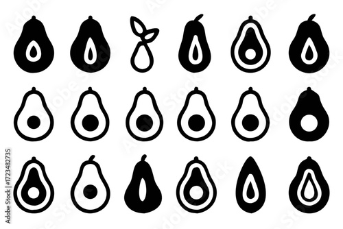 Collection of twenty one avocado icons in various styles a versatile set for designs related to food, health, and nature
