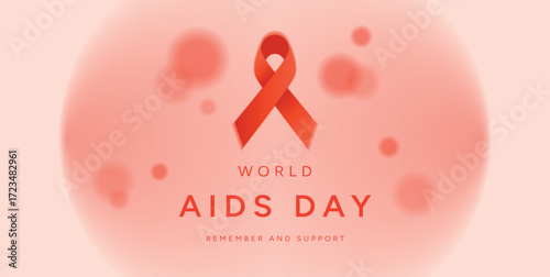 World AIDS Day poster with Red Ribbon symbol and blurred background. December 1 awareness campaign. HIV AIDS prevention and support. Vector illustration for poster, banner, flyer, card, cover
