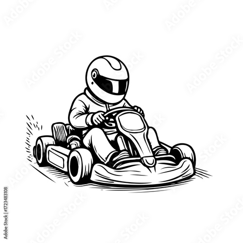 Line art depiction of an adventurous go kart racer speeding along the racing track with