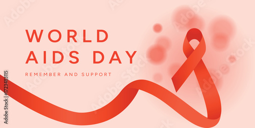 World AIDS Day background with Red Ribbon and long flowing ribbon, blurred circles design. December 1 awareness campaign. HIV AIDS prevention and support. Vector illustration for poster, banner
