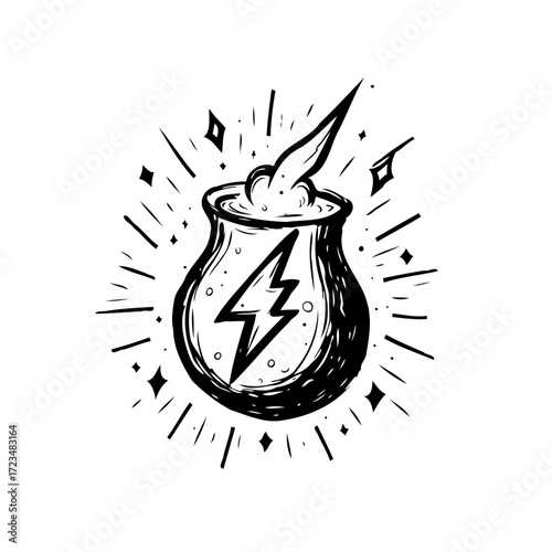 Magical potion bubbling in a cauldron illustration with a lightning bolt creating an enchanting