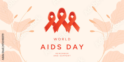 World AIDS Day background with three Red Ribbon symbols and decorative leaf design. December 1 awareness campaign. HIV AIDS prevention and support. Vector illustration for poster, banner