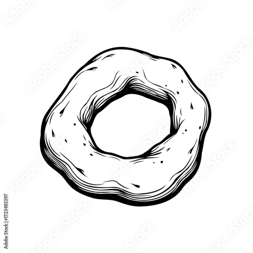Minimalist drawing of a singular imperfectly shaped bagel showcasing monochrome sketch lines and