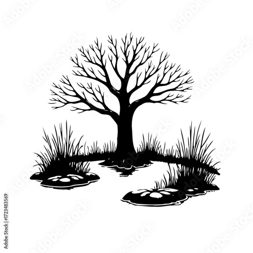 Monochromatic arboreal silhouette showcasing dormancy with verdant undergrowth a natural graphic