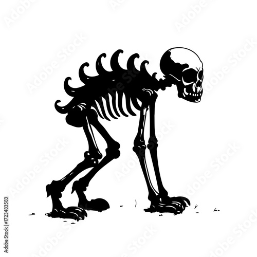 Monochromatic anatomical illustration of skeletal figure creeping low to the ground conveying an