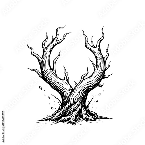 Monochrome ancient leafless tree artwork showcasing interconnected branches forming an arch