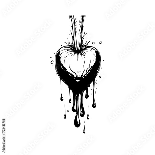 Monochrome apple with dripping ink creates a bold symbol of temptation and danger featuring