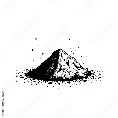 Monochrome artistic depiction of a granular pile resembling a hillock with stippled effects and
